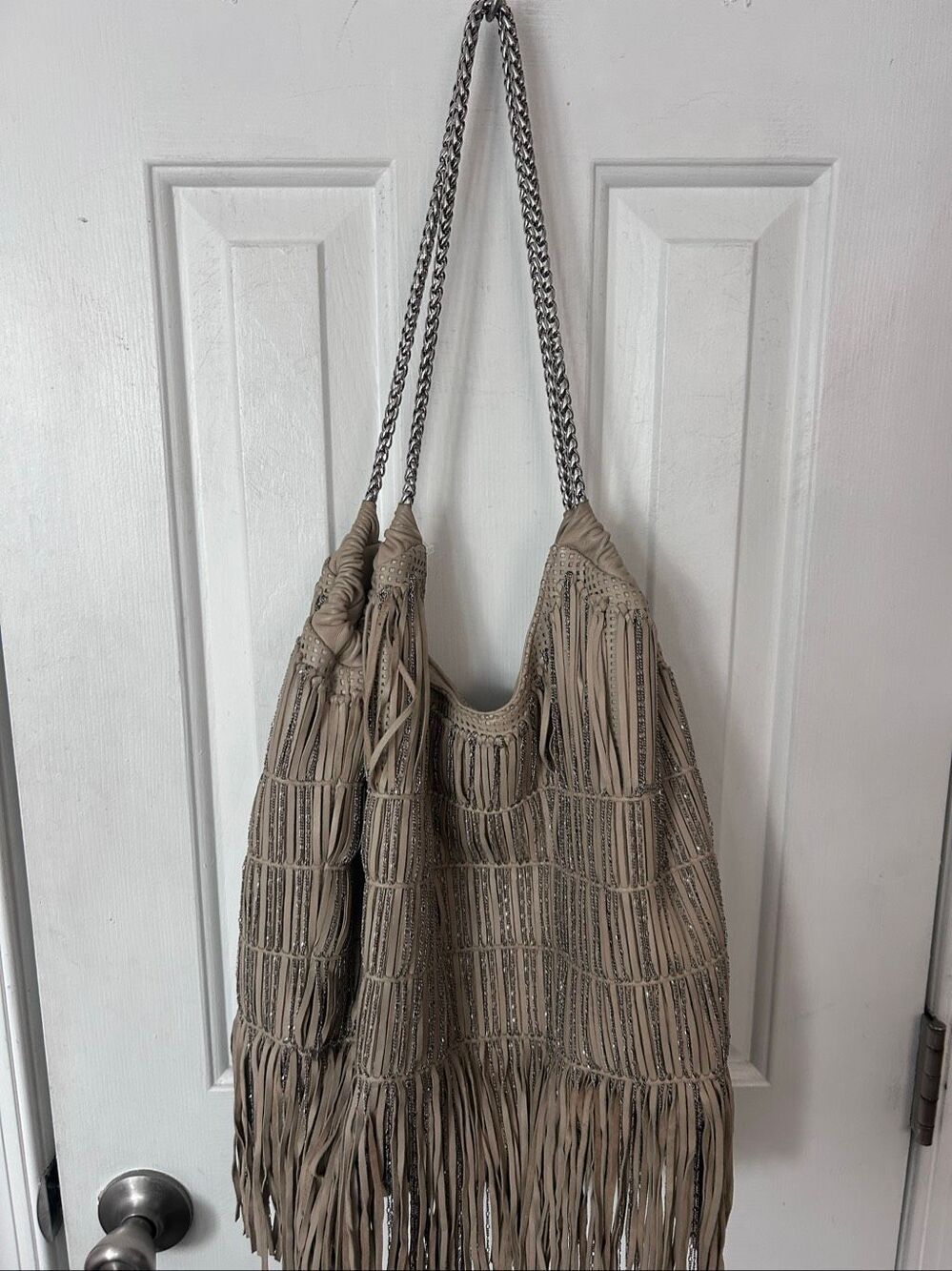 Elie Tahari Sasha fringe tote with silver-tone hardware, dual chain-link shoulde